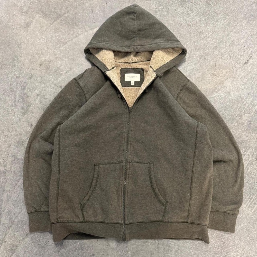 Green Sherpa Lined Zip Up Hoodie Sweatshirt Earthtone Green Sonoma XL